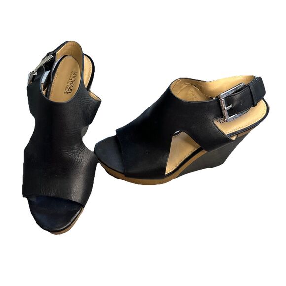 Michael Kors Womens Josephine Black Leather Wedge Platform Heels Size 7M - Picture 1 of 6